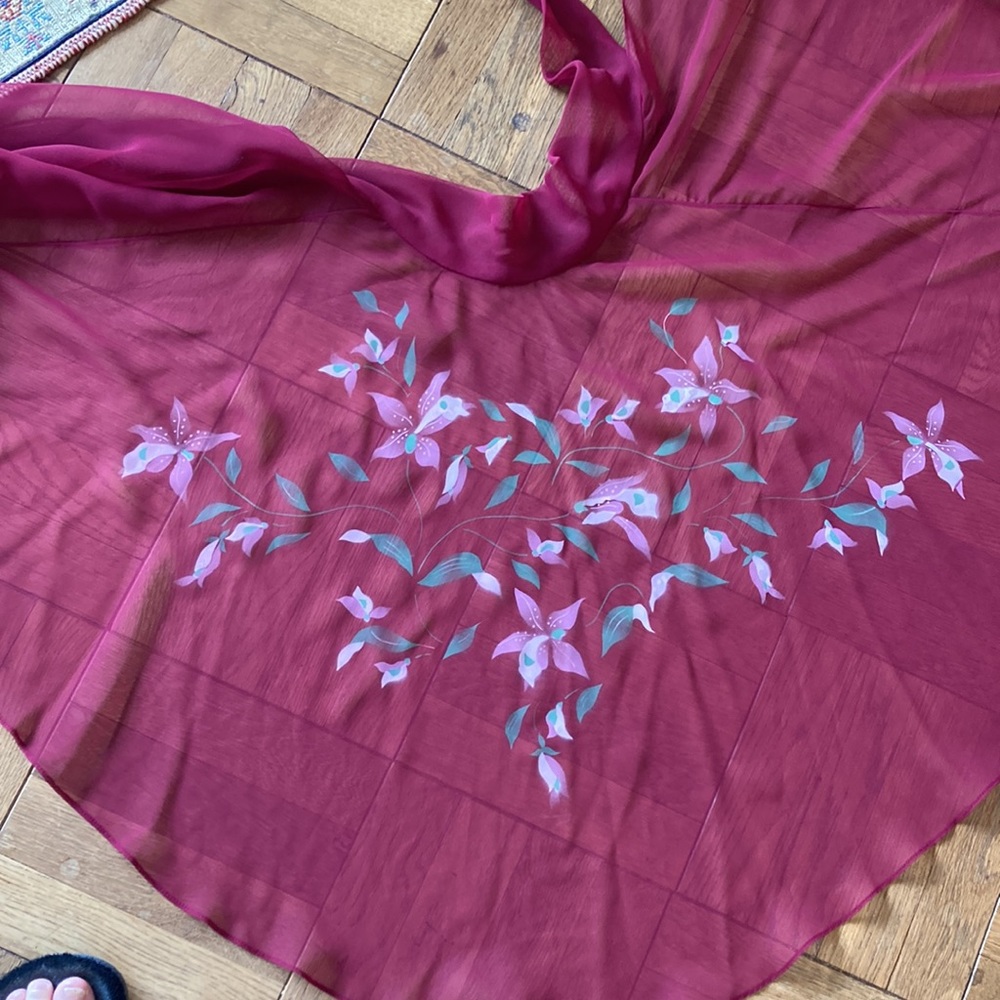 70s 2-piece set, maxi sleeveless dress and sheer floral capelet, burgundy, S - Picture 16 of 16